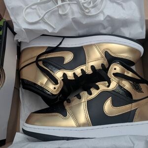 Nike Air Jordan 1 Mid SE GS Black Metallic Gold White Sneakers